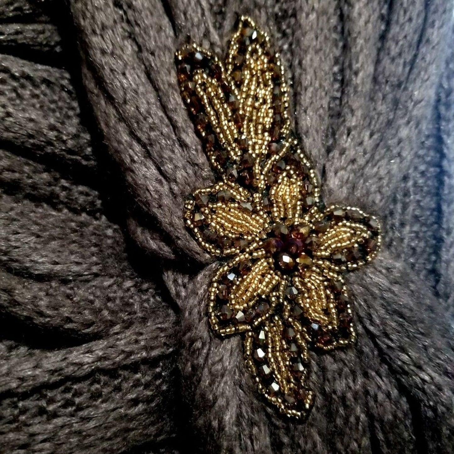 Thick Soft Knit Floral Motif Beaded Flower Applique on Purple Knit Circle Scarf