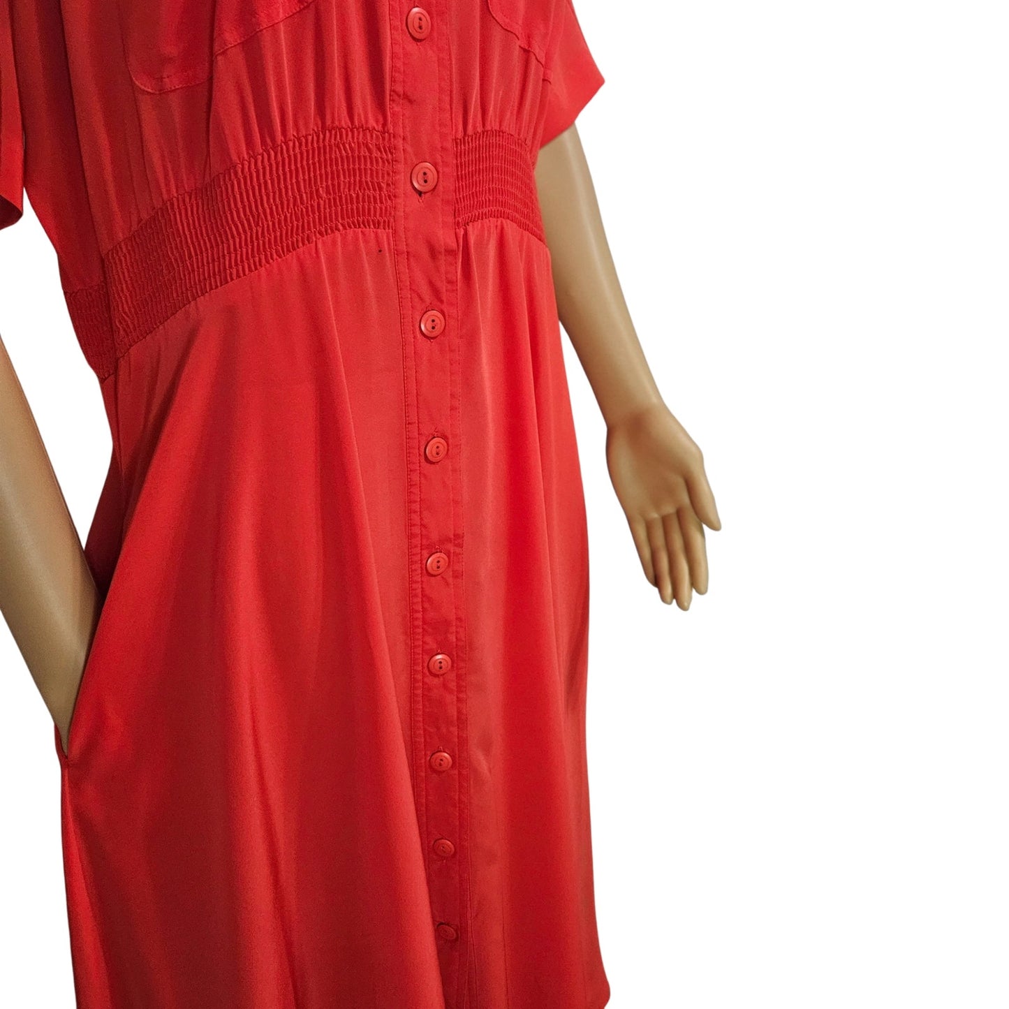 1990s Raoul Tomatoe Red Ruched Waist Short Sleeve Button Up Collar Dress Size 8
