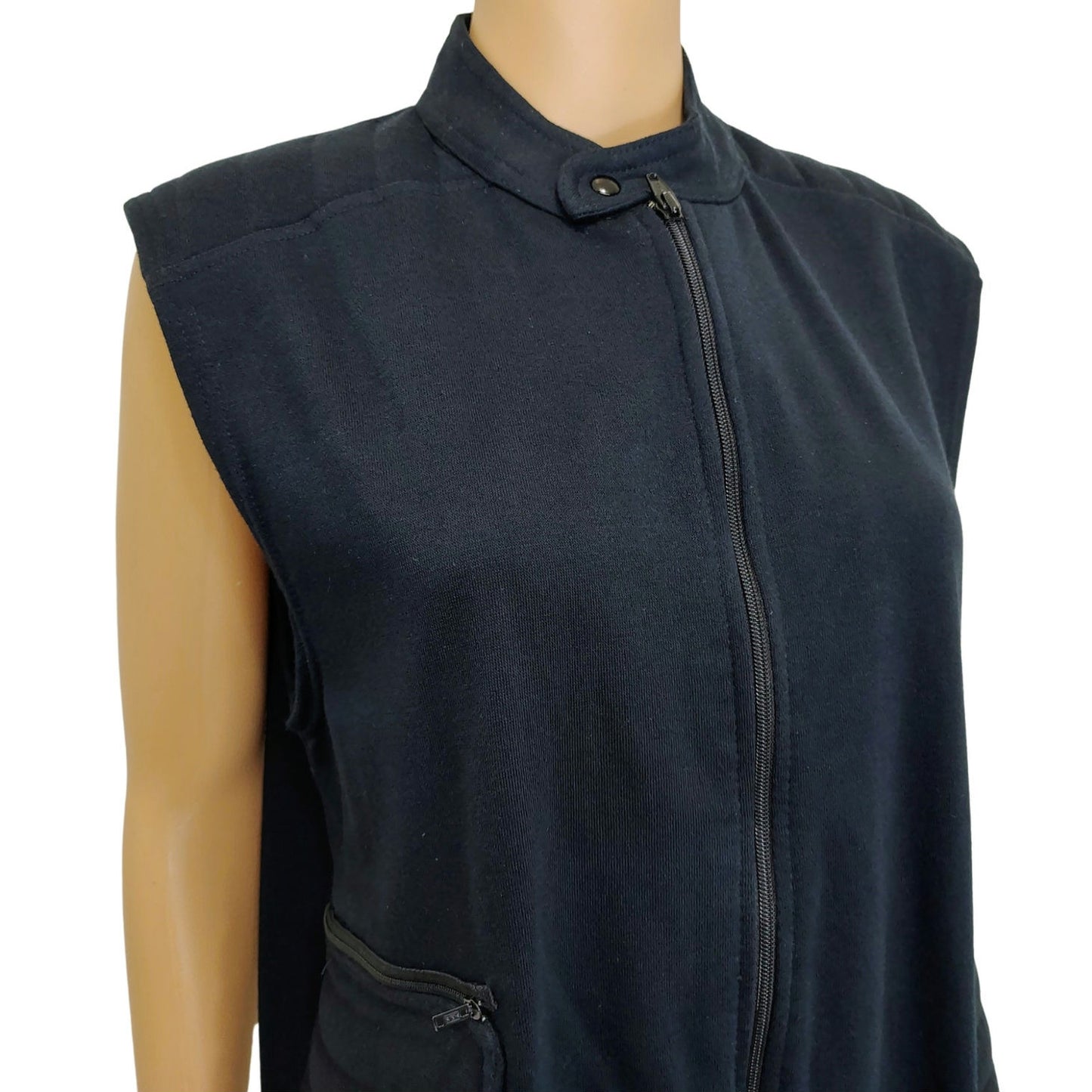 90s Chams Vest Black Zip Up Short Collar Street Wear Pockets Elastic Waist SZ M