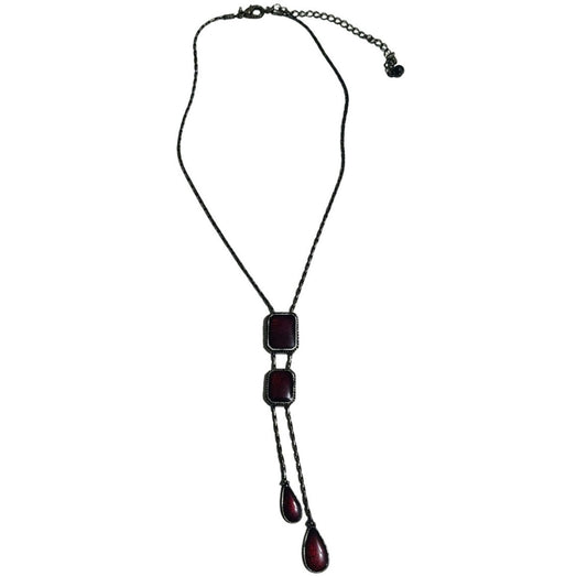 1980s Red Enamel Square Y Style Tear Drop Dangling Statement Silver Necklace