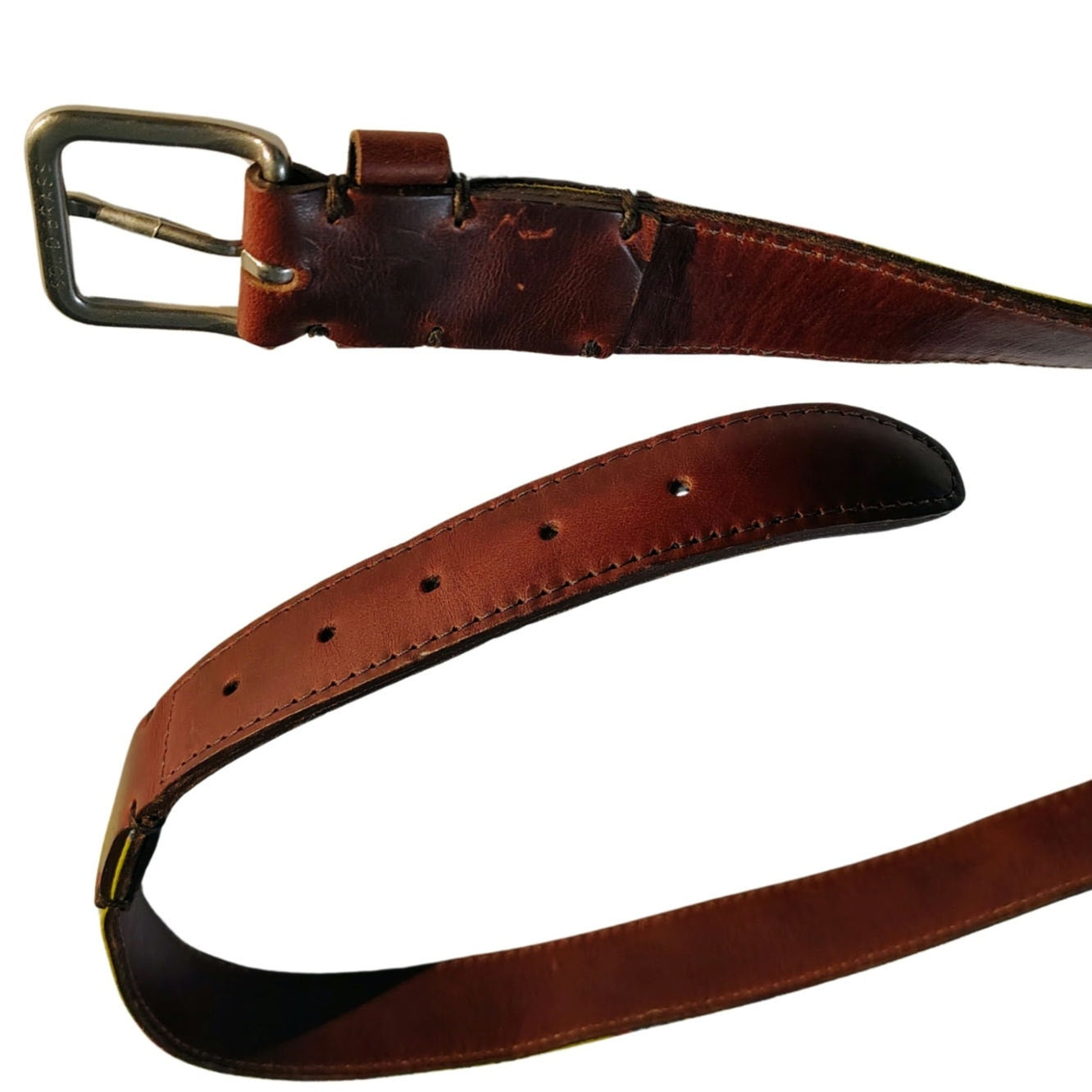 Green Floral Waxed Canvas on Brown Leather Belt Size 36 Inch by HEALgoods USA Made