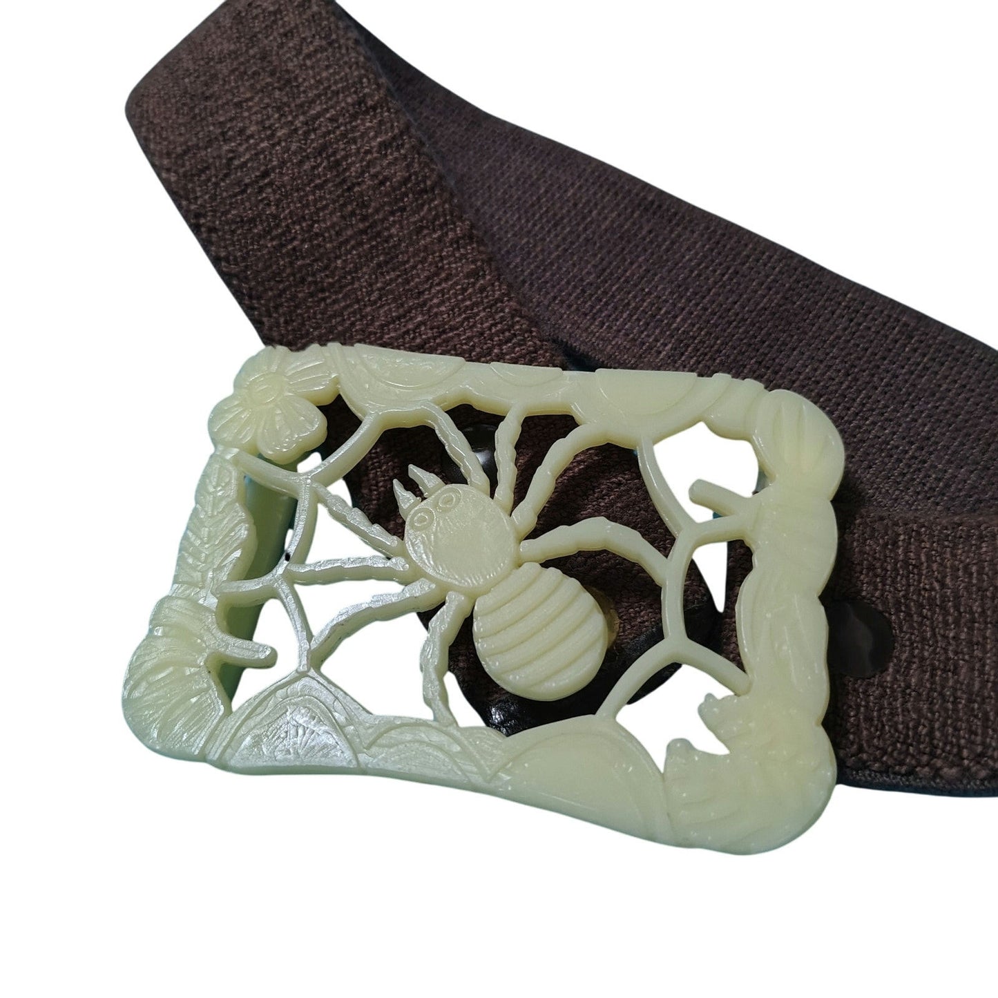 70s Plastic Spider Belt Buckle Wide Brown Elastic Snap Closure Cinching Belt 24