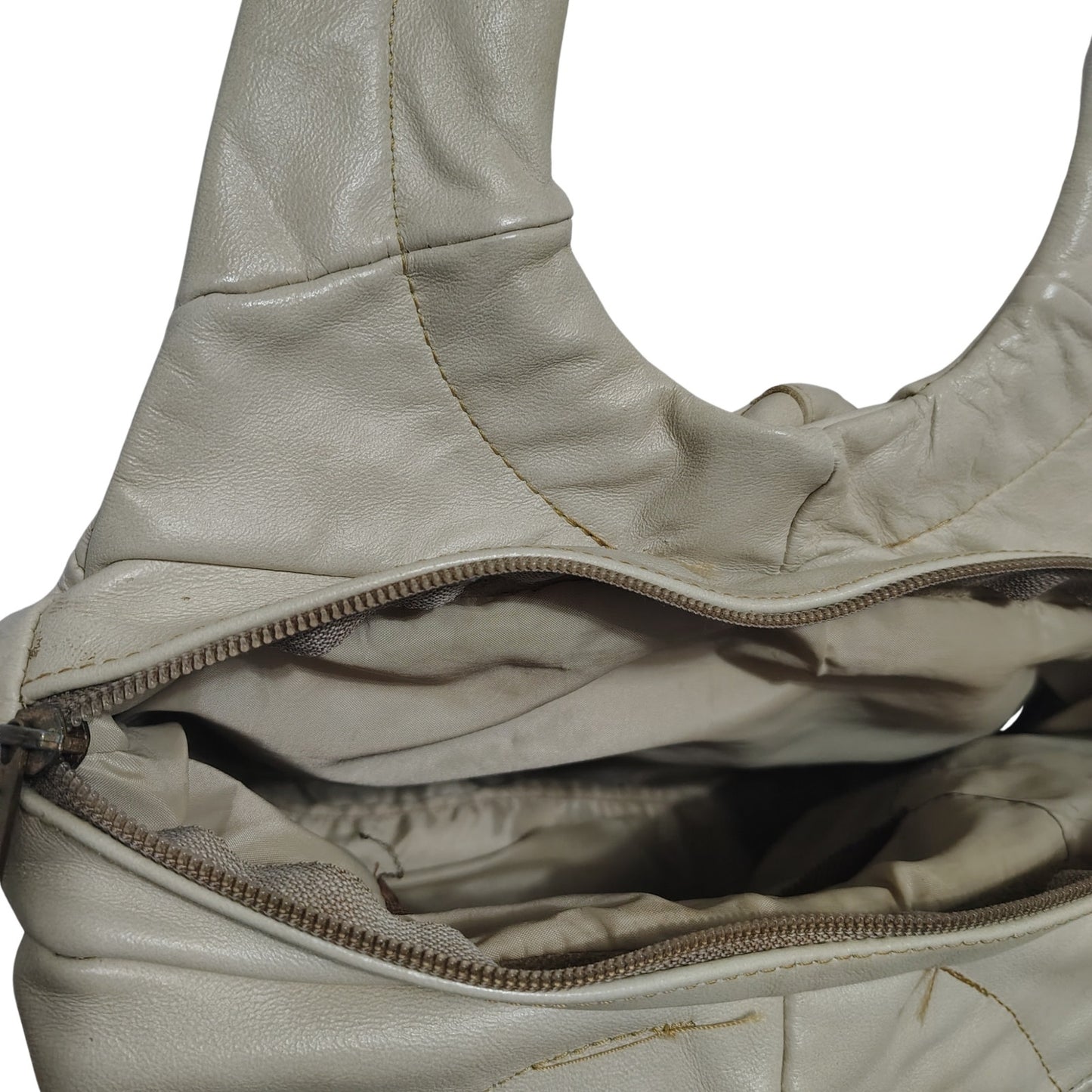 80s Cream Genuine Leather Patchwork Crescent Shoulder Bag Vintage Zipper Closure