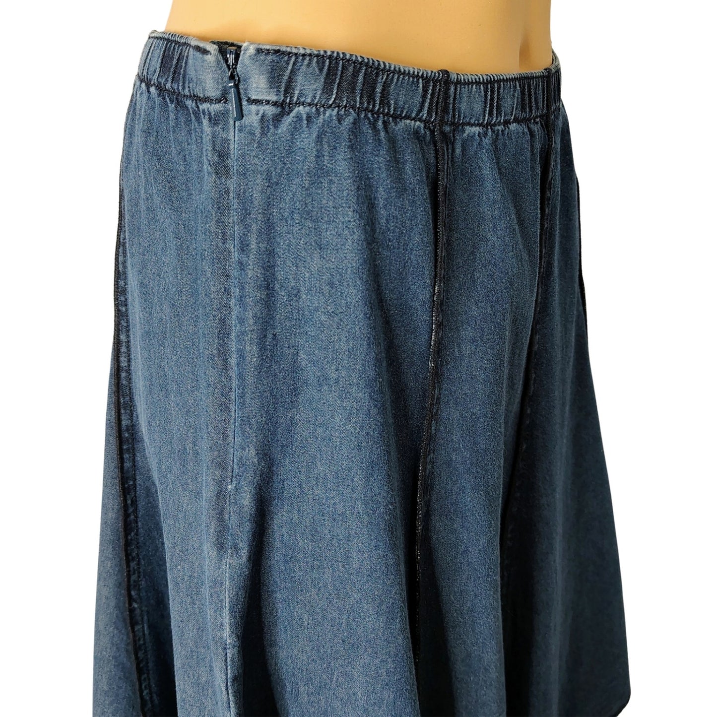 J Jill 100% Cotton Midi Denim Blue Panel Flare Skirt Elastic Waistband Size XSP