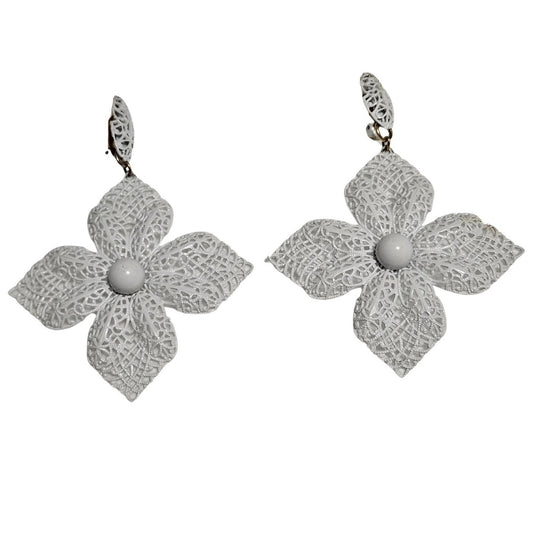 1960s Vintage Signed Napier Patent Pending Big White Filigree Drop Clip Earrings