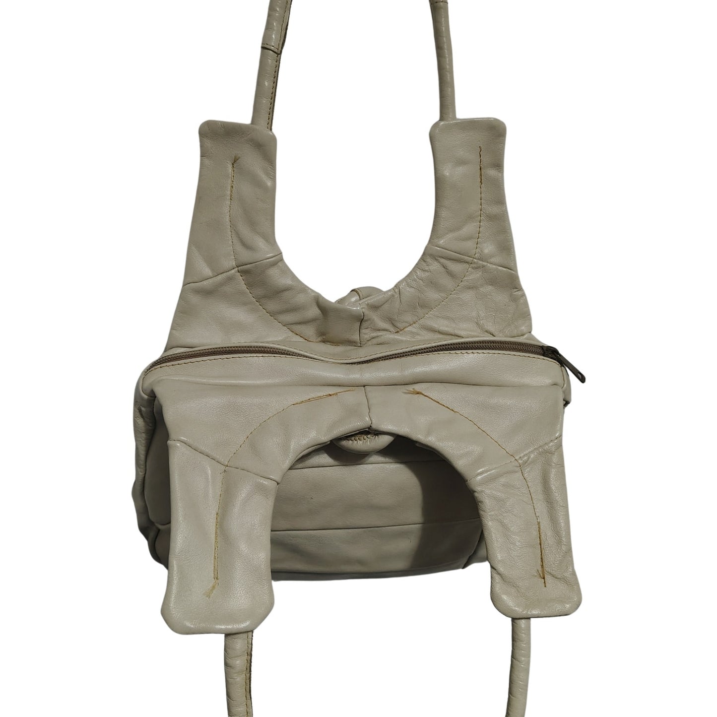 80s Cream Genuine Leather Patchwork Crescent Shoulder Bag Vintage Zipper Closure
