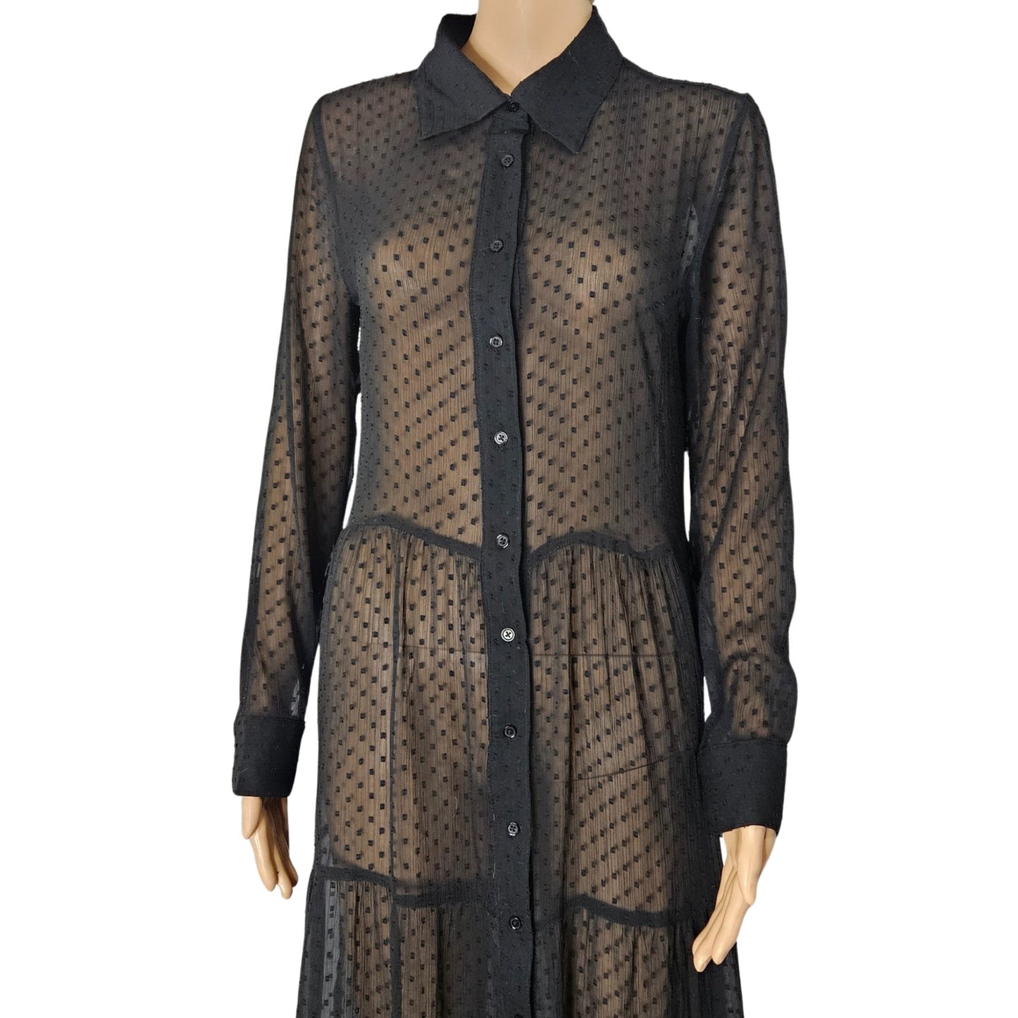 Black Sheer Polka Dot A Line Button Up Collar Shirt Dress Size 8 US 40 EUR