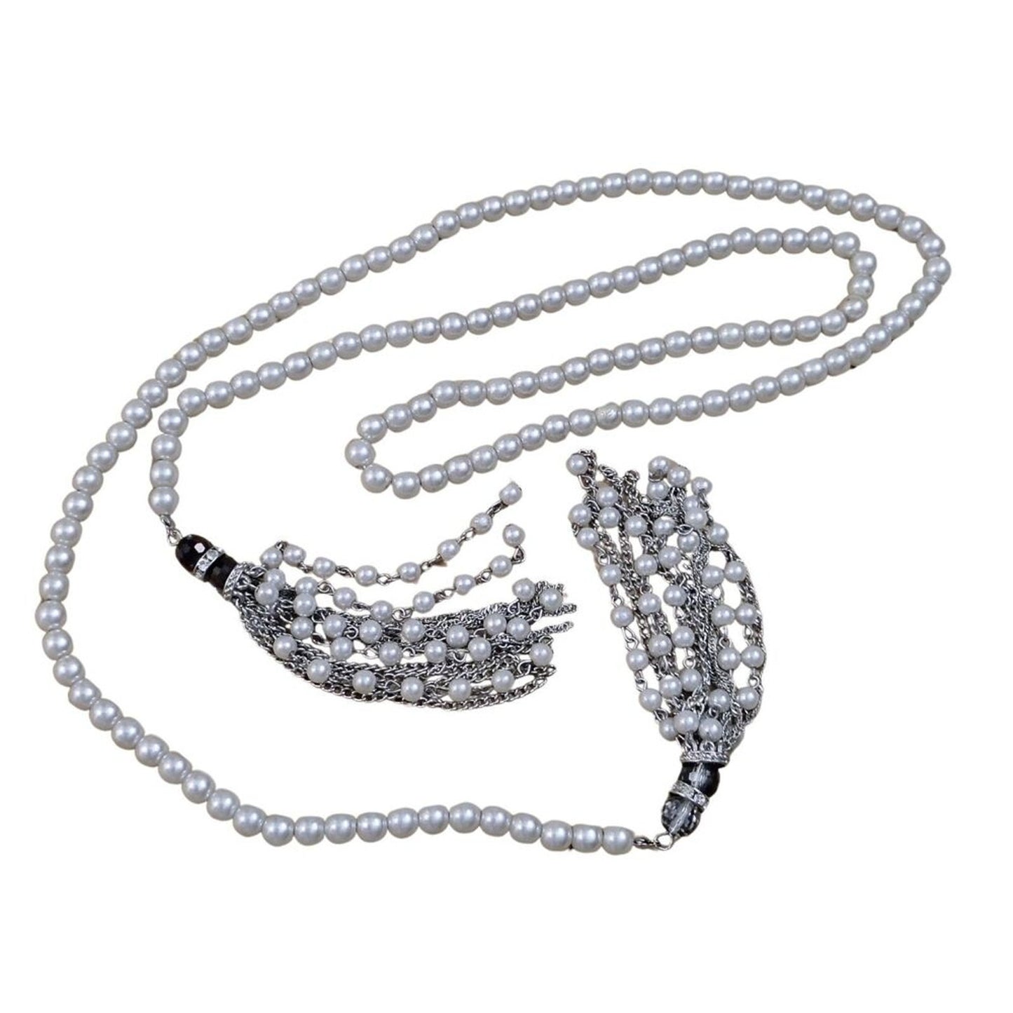 Vintage Cream Chain Link Faux Pearl Silver Tone Long Lariat Tassel Necklace