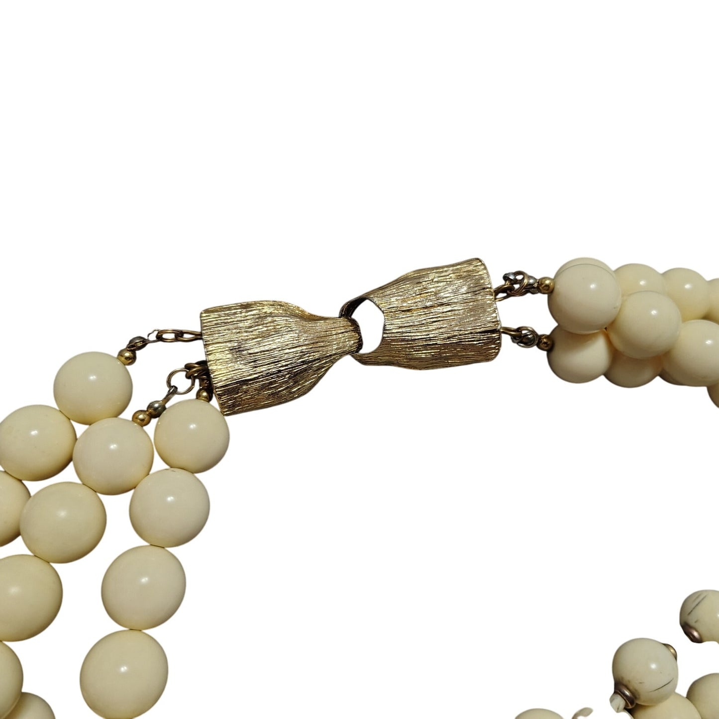 Vintage Statement 3 Strand Necklace Huge Lucite Cream Bead Large Gold Hook Clasp