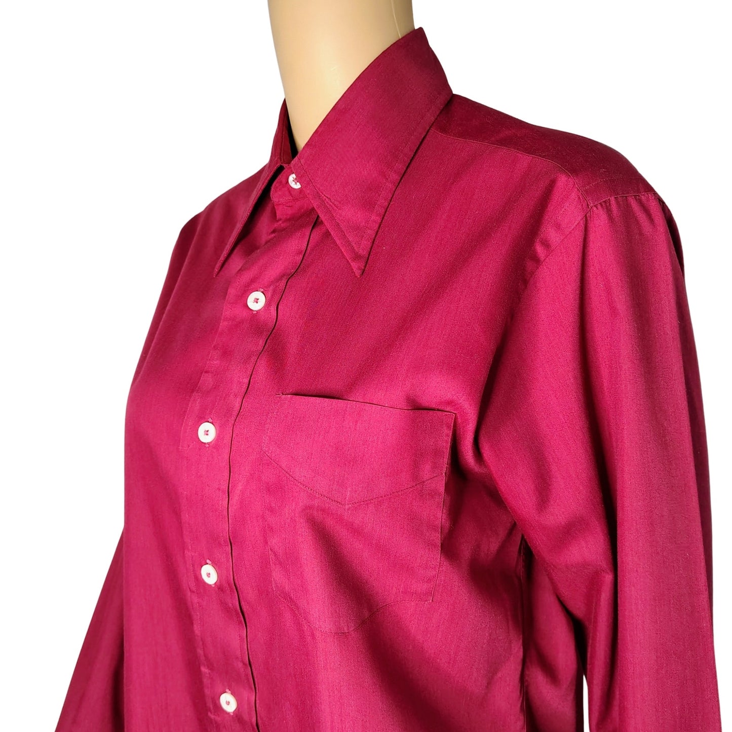 1970s Burgundy Wine Button Up Long Sleeve Folded Wrist Cuffs Dress Shirt Size 15 [Vintage}