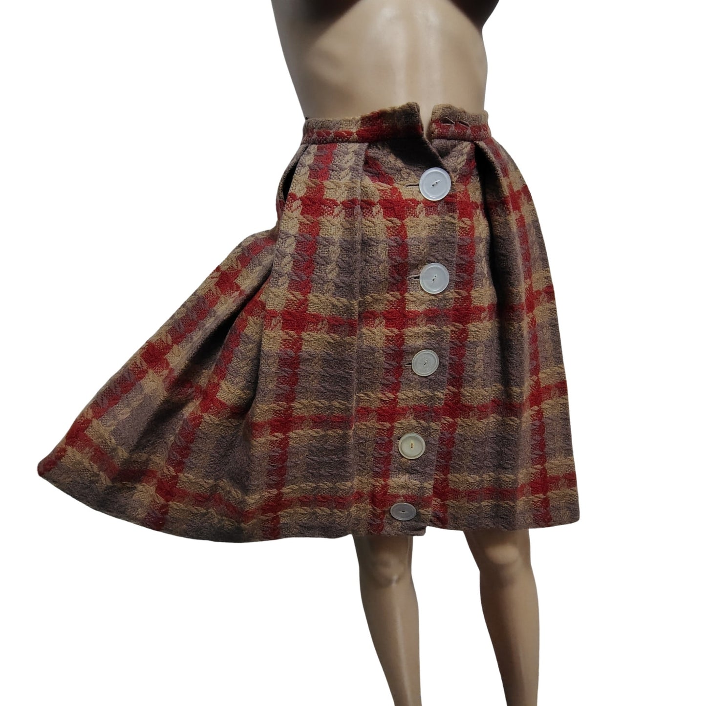 1960s Vintage Handmade Wool Puffy Pleated Big Button Front Bubble Skirt Size XS