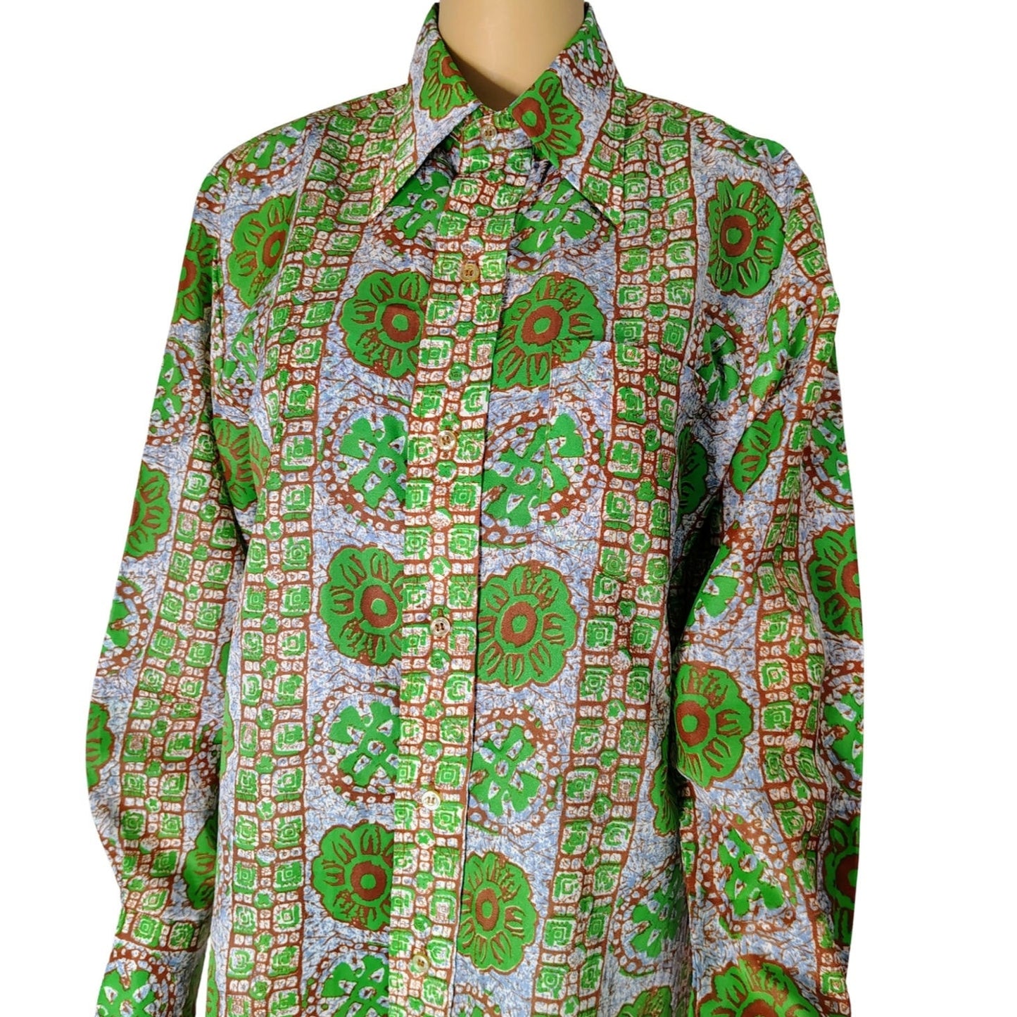 70s Green Polynesian Style Wing Tip Button Up Permanent Press Shirt Size Medium