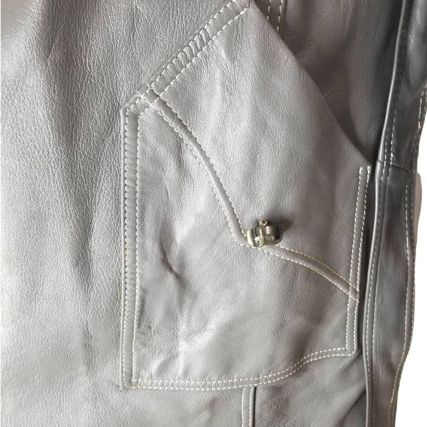 1970s Gray Belted Long Leather Trench Coat Collar Big Pockets Size Med Vintage