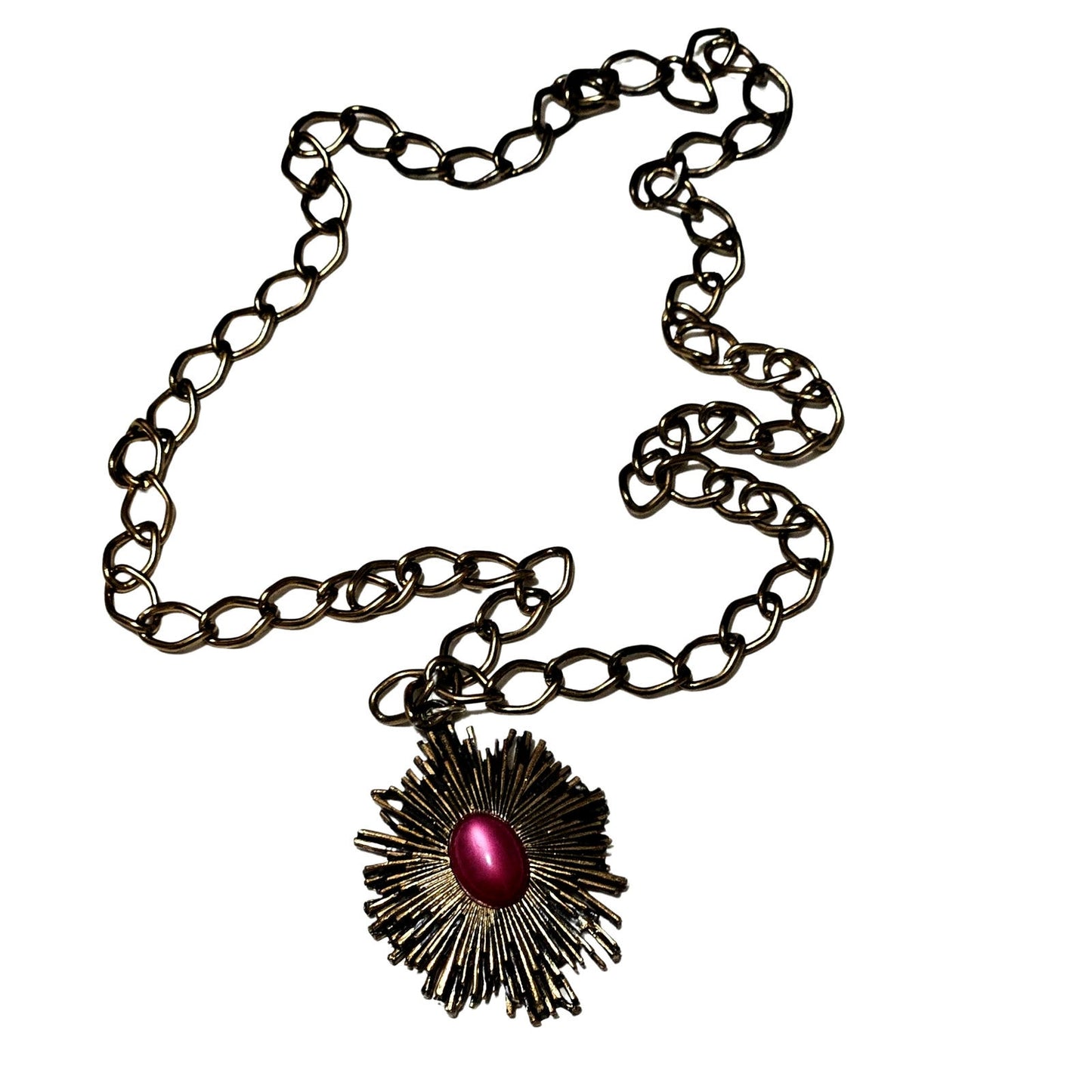 1970s Sunburst Pendant Pink Cabachon Center Stone Large Linked Chain Necklace