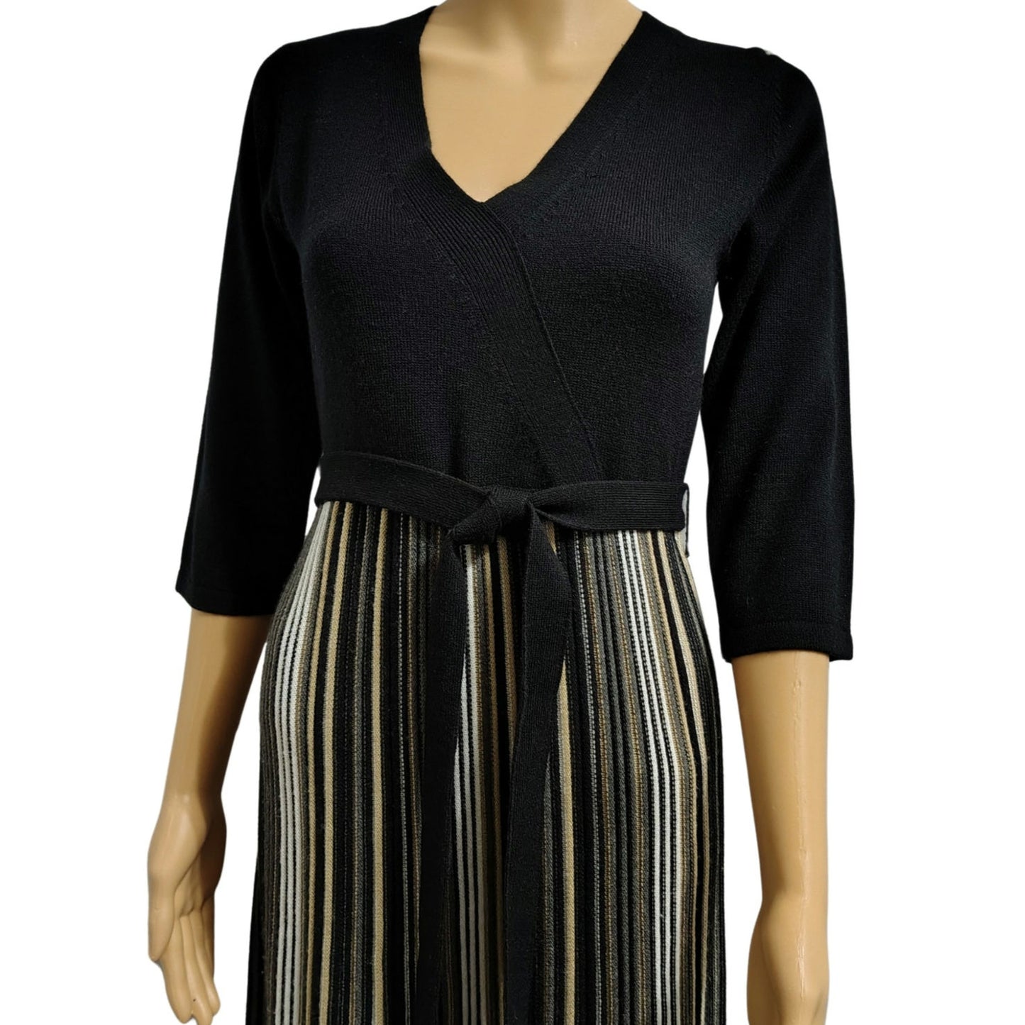 Studio 1 Striped Belted Midi Knit Fit & Flare V Neck Sweater Dress Black Size M