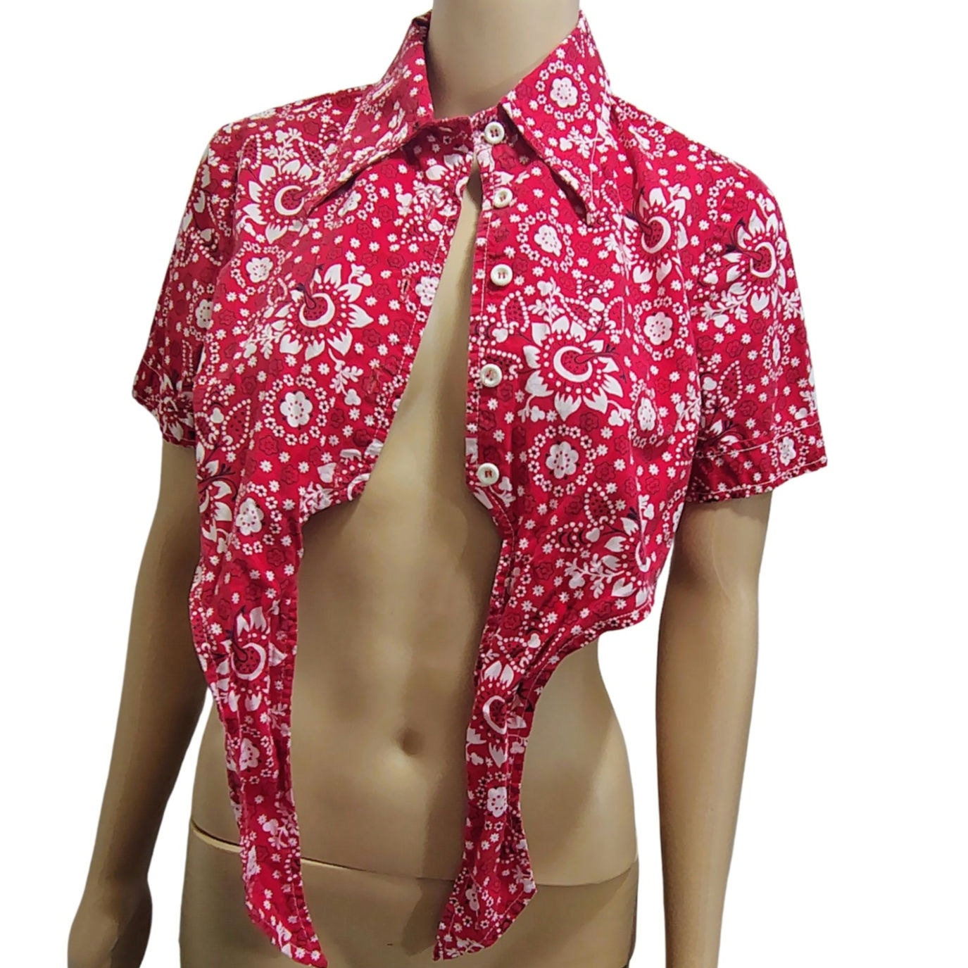 50s Red Cropped Bandana Kerchief Button Up Knot Tie Shirt Top Size 10 Juniors