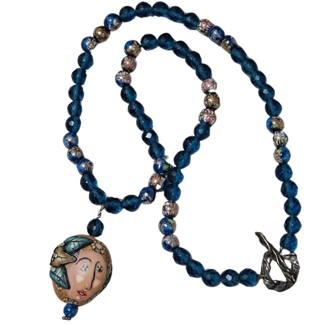 1980s Blue Artisan Crafted Polymer Clay Bead Face Pull Through Closure Necklace