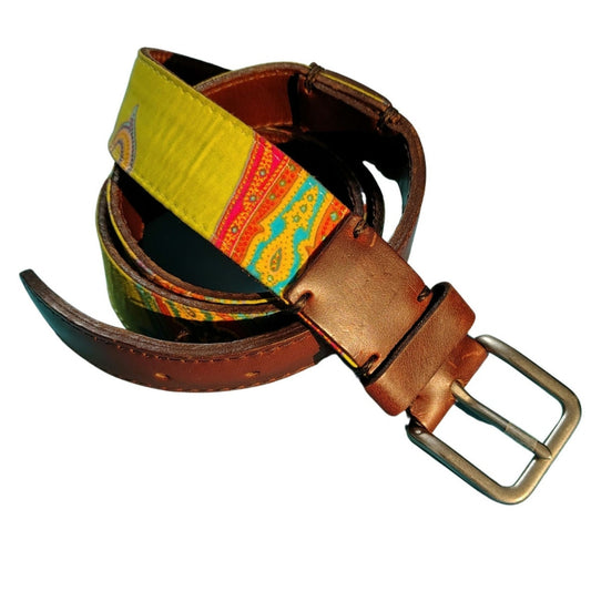 Green Floral Waxed Canvas on Brown Leather  Belt Size 36 Inch by HEALgoods USA Made