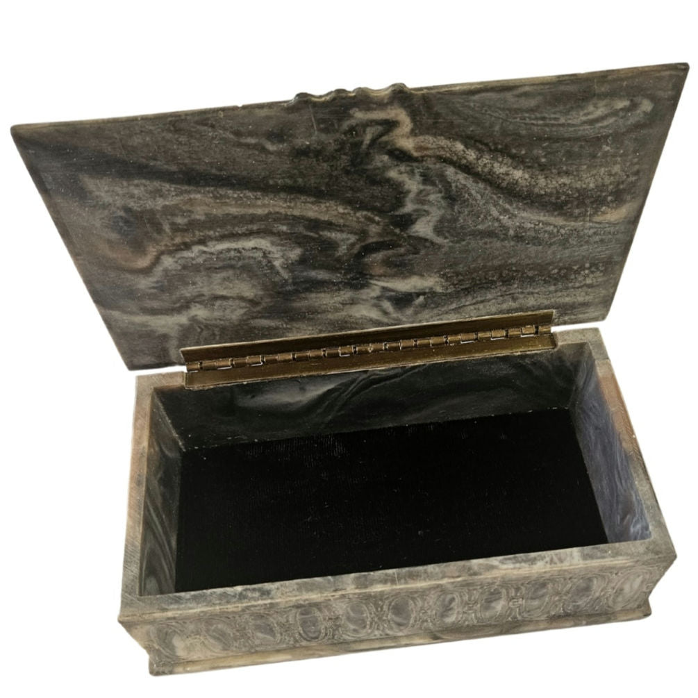 1975 Incolay Stone Handcrafted Carved Hinged Box Men In Pub Scene Trinket Box