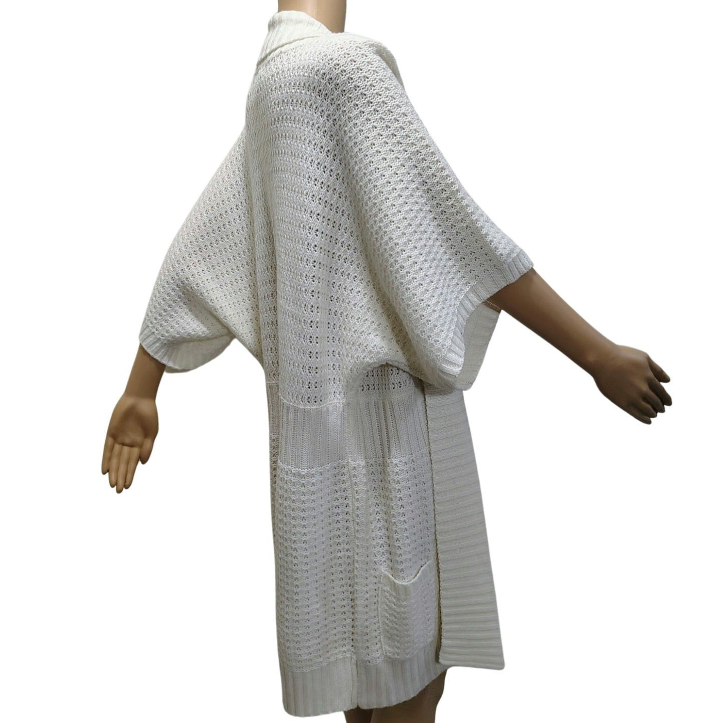 1990s Knit Wool Cardigan Cream Long Boho Open Front Short Sleeve Sweater Size L