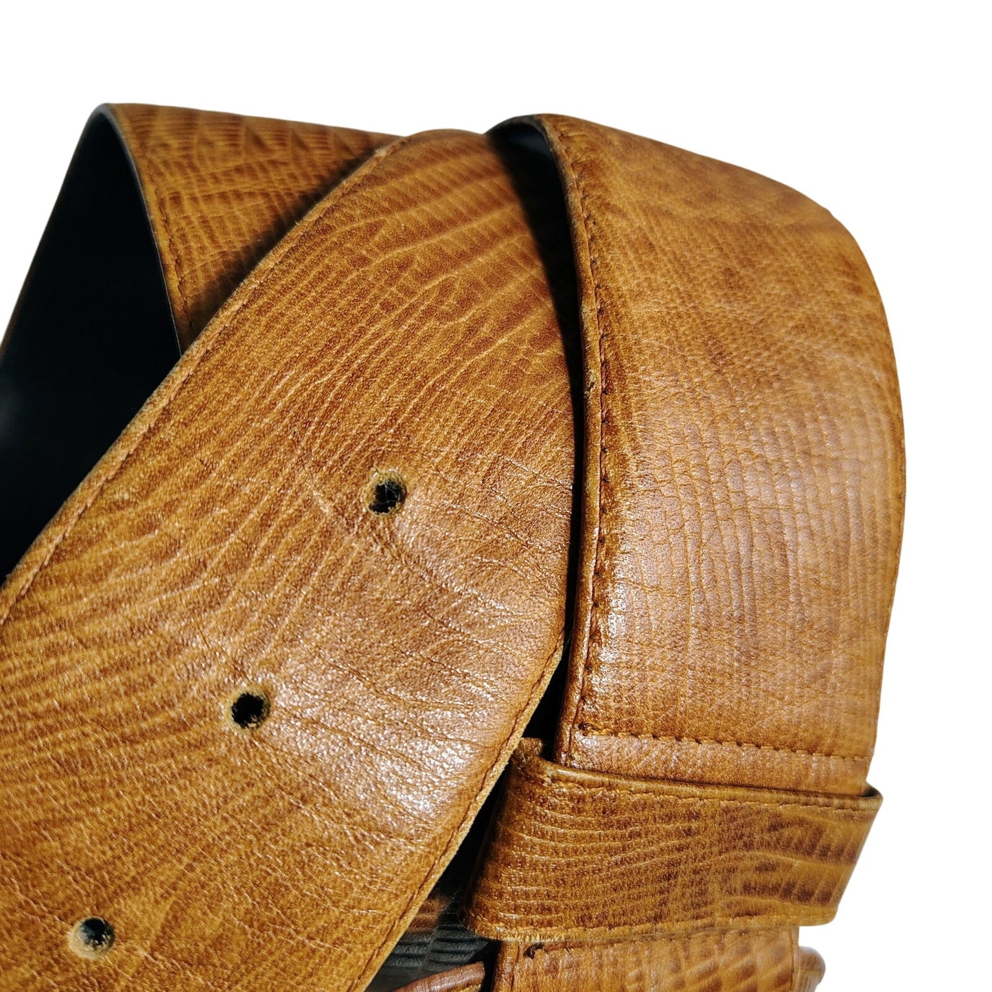 Wide Brown Crocodile Textured Leather Belt Round Belt Buckle Size Large