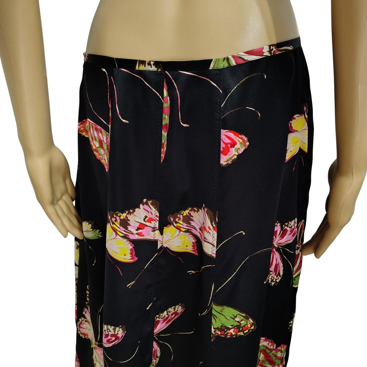 100% Silk Butterfly Print Pink Black Gerard Darel A Line Skirt Size 6 US 42 EU