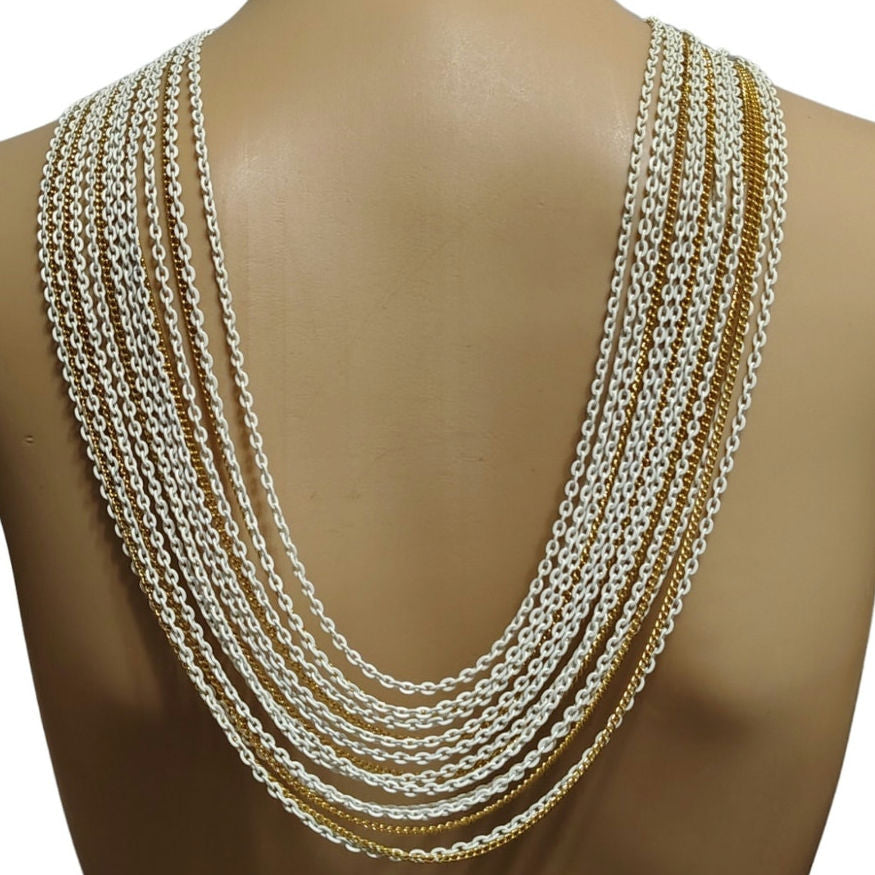 Crown Trifari 15 Strand Gold White Chain Multi Strand Necklace Foldover Clasp