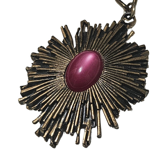 1970s Sunburst Pendant Pink Cabachon Center Stone Large Linked Chain Necklace
