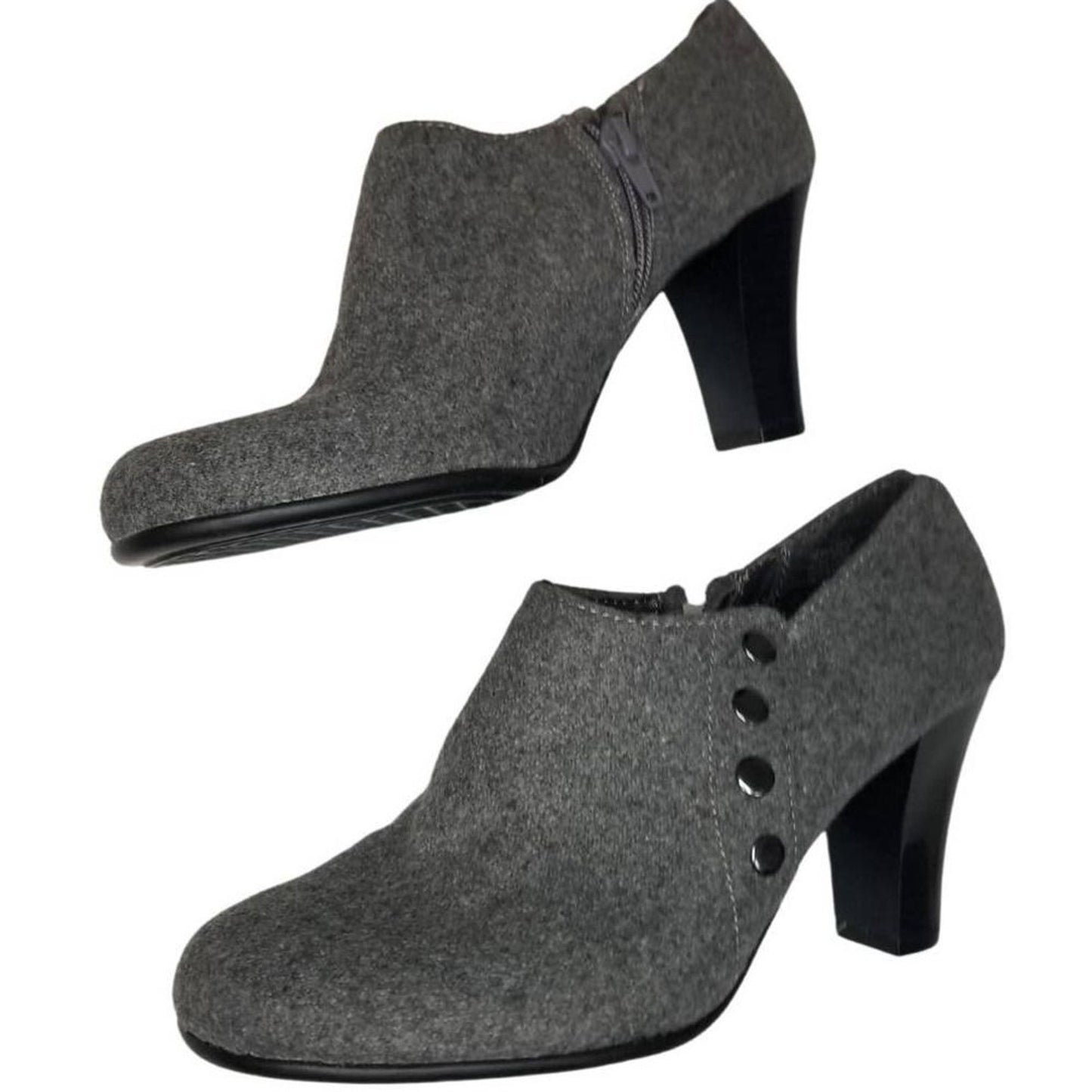 Booties Gray Fabric Round Toe High Heels Inside Zip Closure Size 7 Vegan New
