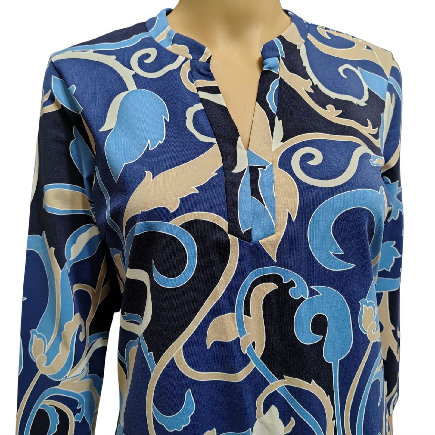 J. McLaughlin Blue Paisley 3/4 Sleeve Tunic Top Catalina Cloth V-Neck Size Small