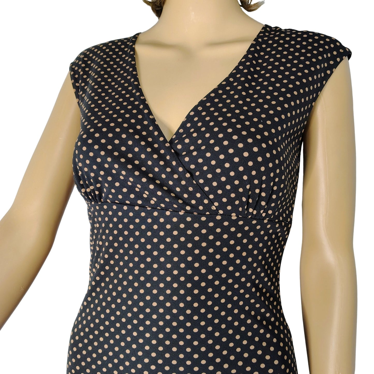Black with Brown Polka Dots Bodycon Ruched Fit Flare Short Sleeve Dress Size S