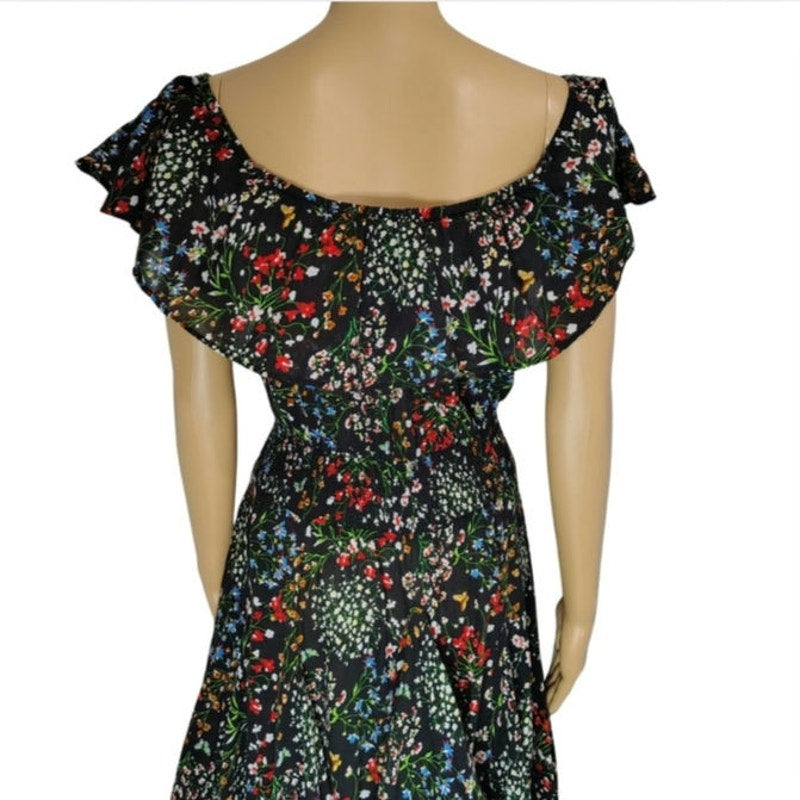 Chelsea & Theodore Floral Peasant Fit Flare Maxi Sundress Smocked Waist Size Medium