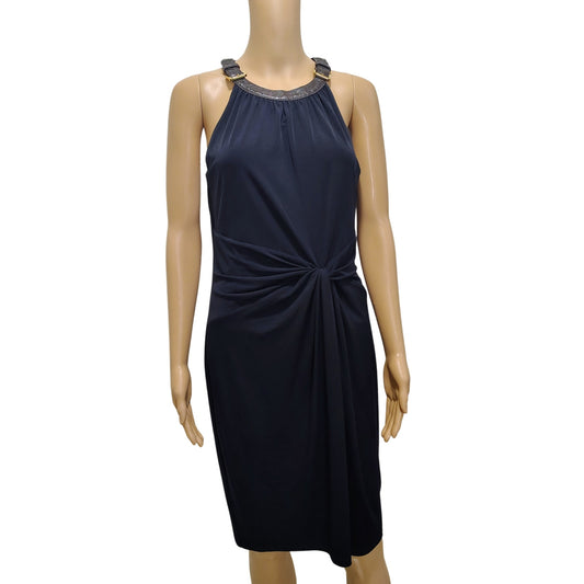 Halter Brown Leather Collar Black Bodycon Midi Dress Ruched Michael Kors  SZ M