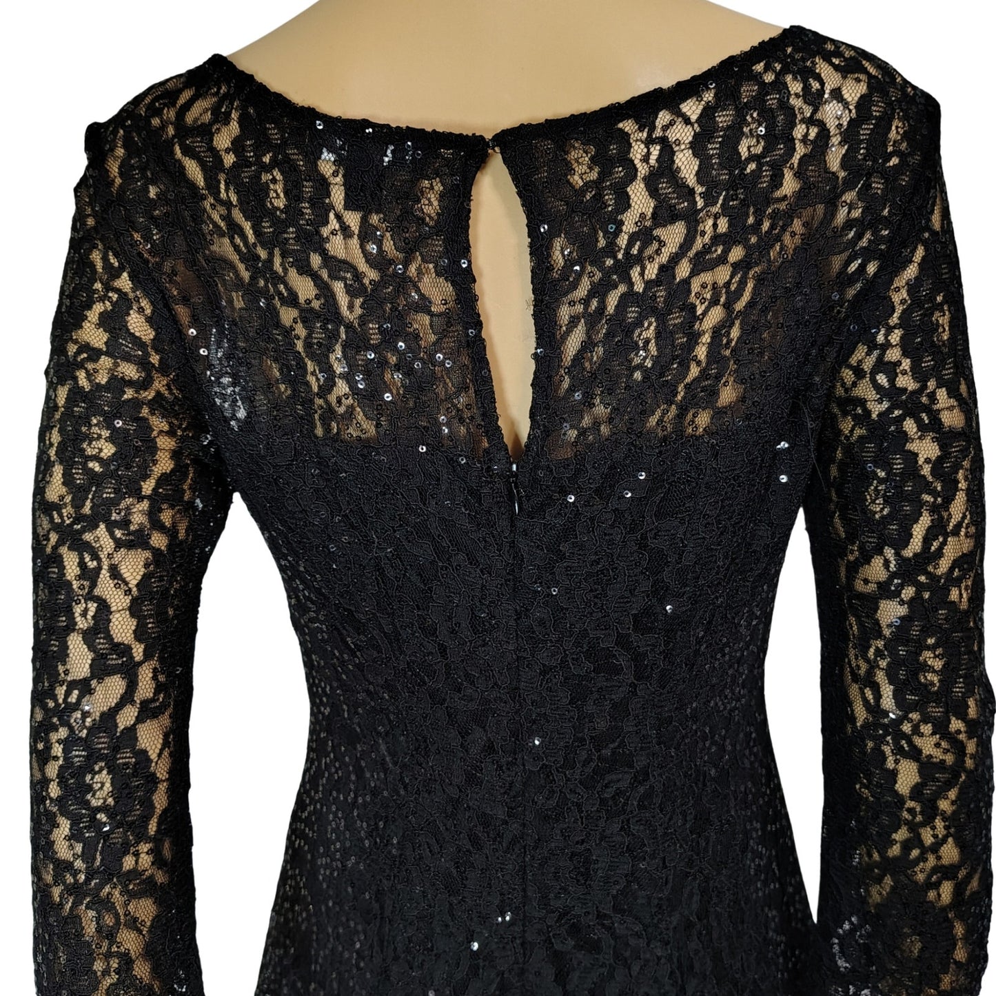 SLNY Black Sequined Illusion Lace Back Keyhole Fit Flare Knee Length Dress SZ 8