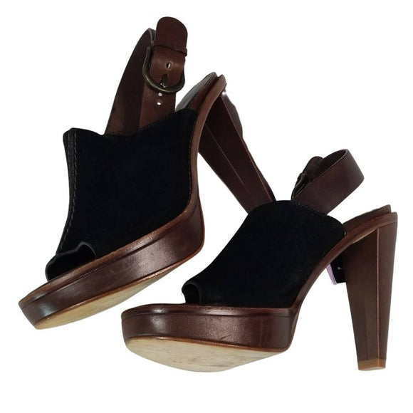 Open Toe Mule Wood Platform Nike Air Cole Haan Collab Black Suede Heels Size 10