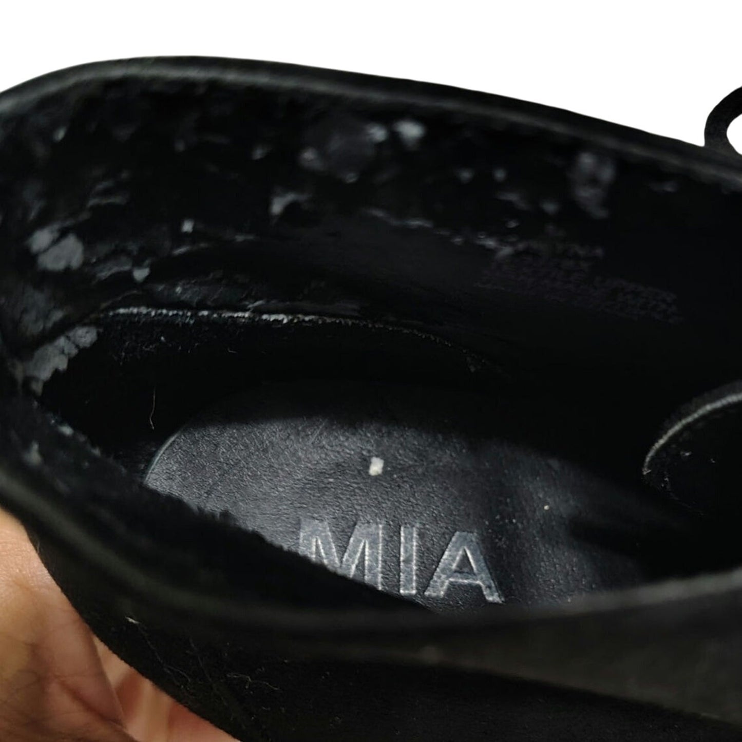 Mia Shayna Lace Up Ankle Bootie Black Faux Suede Wood Stacked Heel Size 9M Women