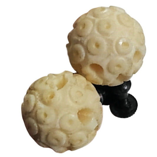 Mid Century Victorian Antique Carved Ivory Cream Bronze Screw Back Clip Earring