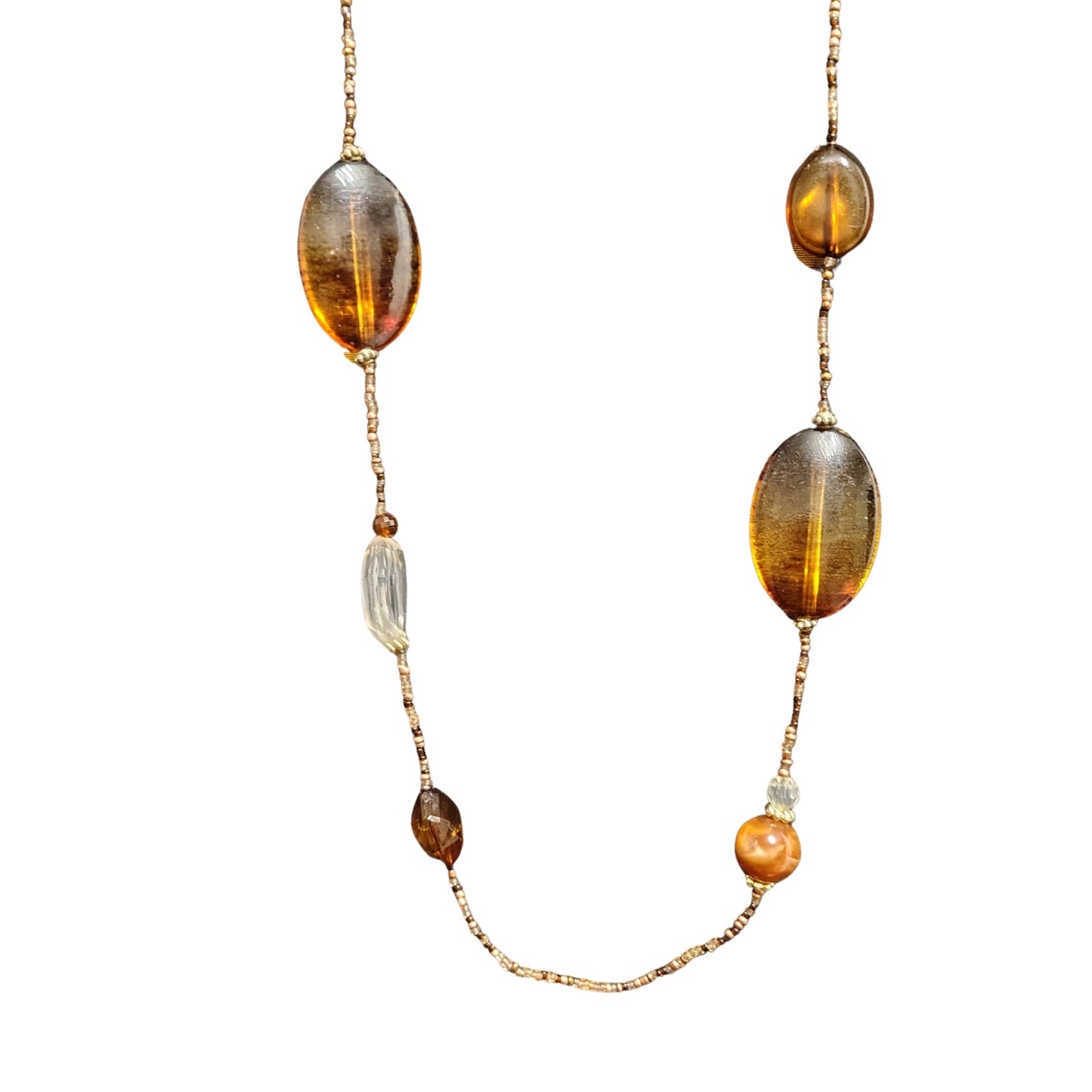 Brown Faux Amber Beads Opera Length Single Strand Pullover Statement Necklace
