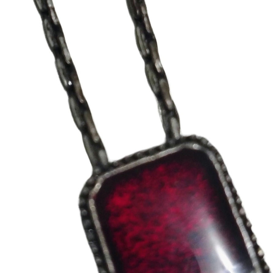 1980s Red Enamel Square Y Style Tear Drop Dangling Statement Silver Necklace