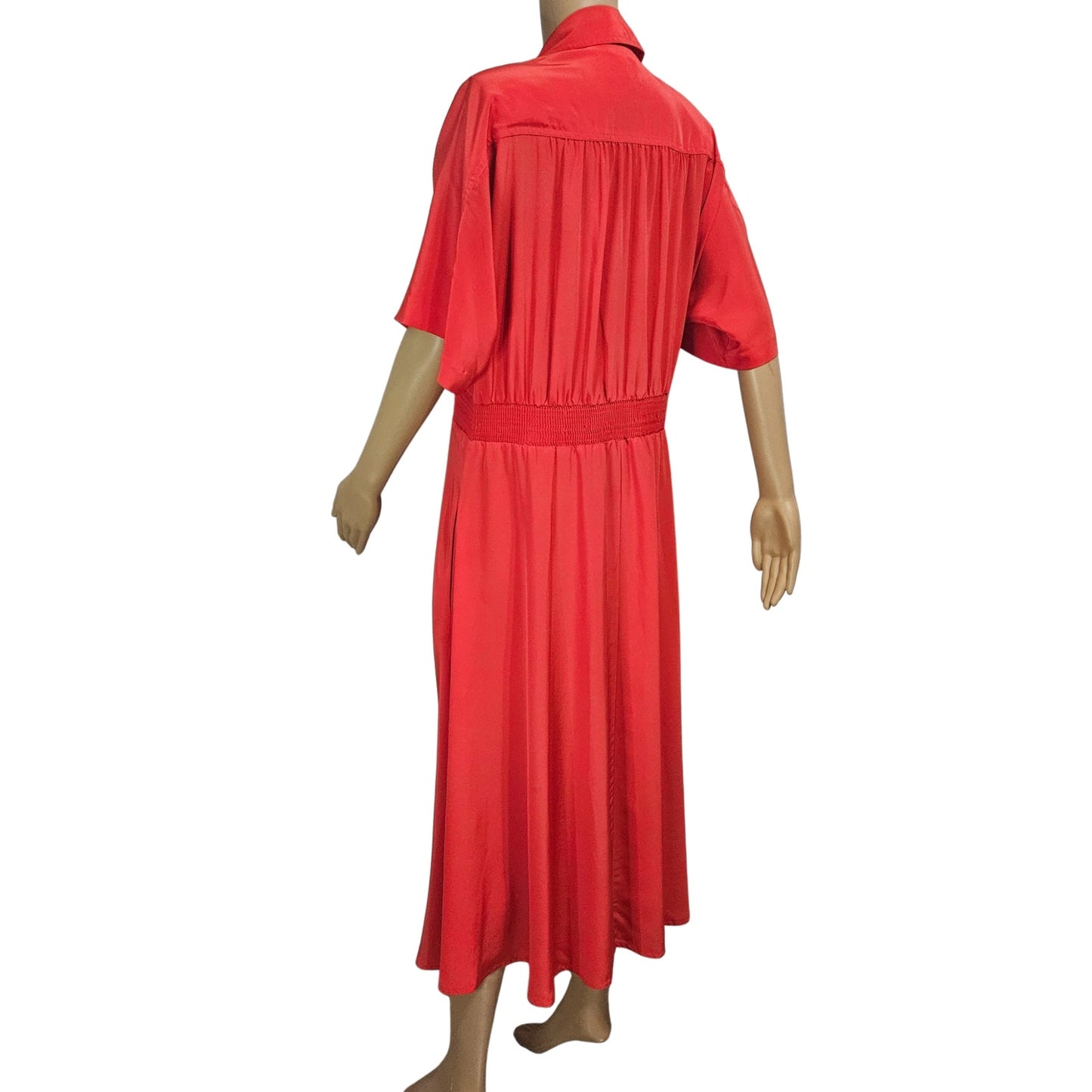 1990s Raoul Tomatoe Red Ruched Waist Short Sleeve Button Up Collar Dress Size 8