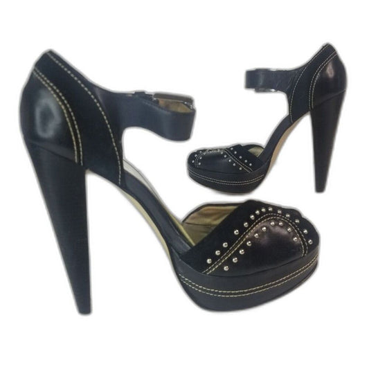 MICHAEL Michael Kors Peep Toe Black Platforms Heels Metal Detail Size 6.5