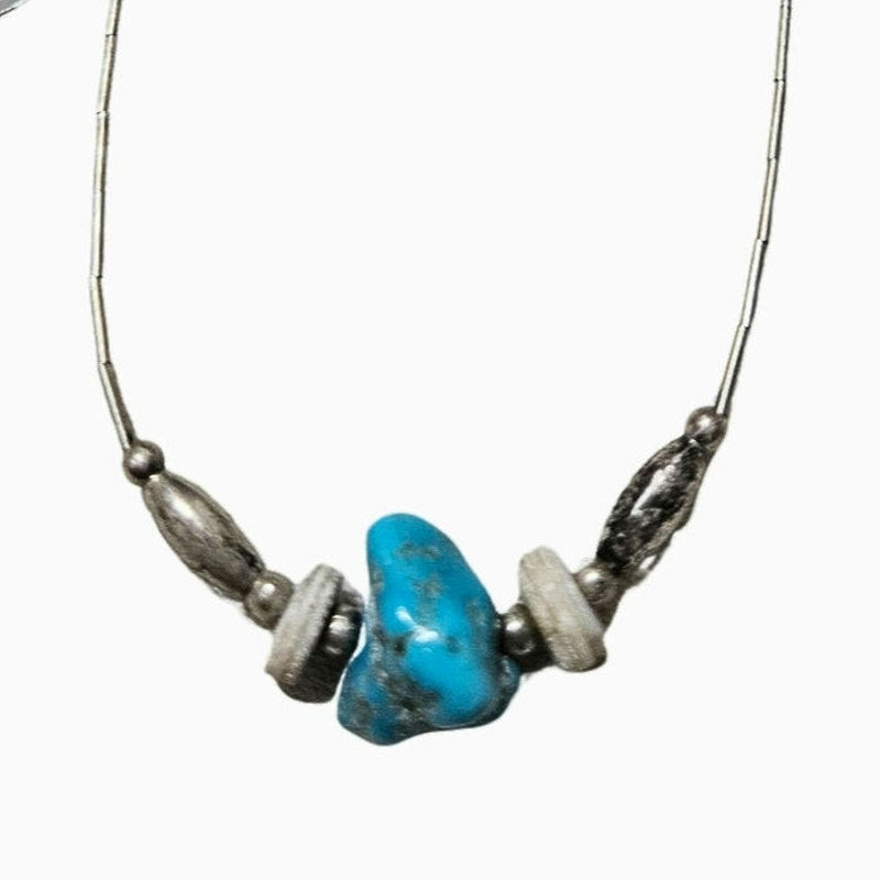 1970s Sterling Silver Liquid Shell Beads Uncut Turquoise Boho Bohemian Necklace
