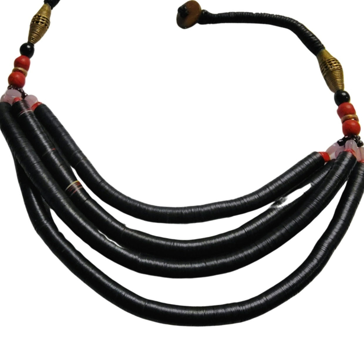 Vintage African Bohemian Boho Shell Beaded Statement Necklace Black Purple Red