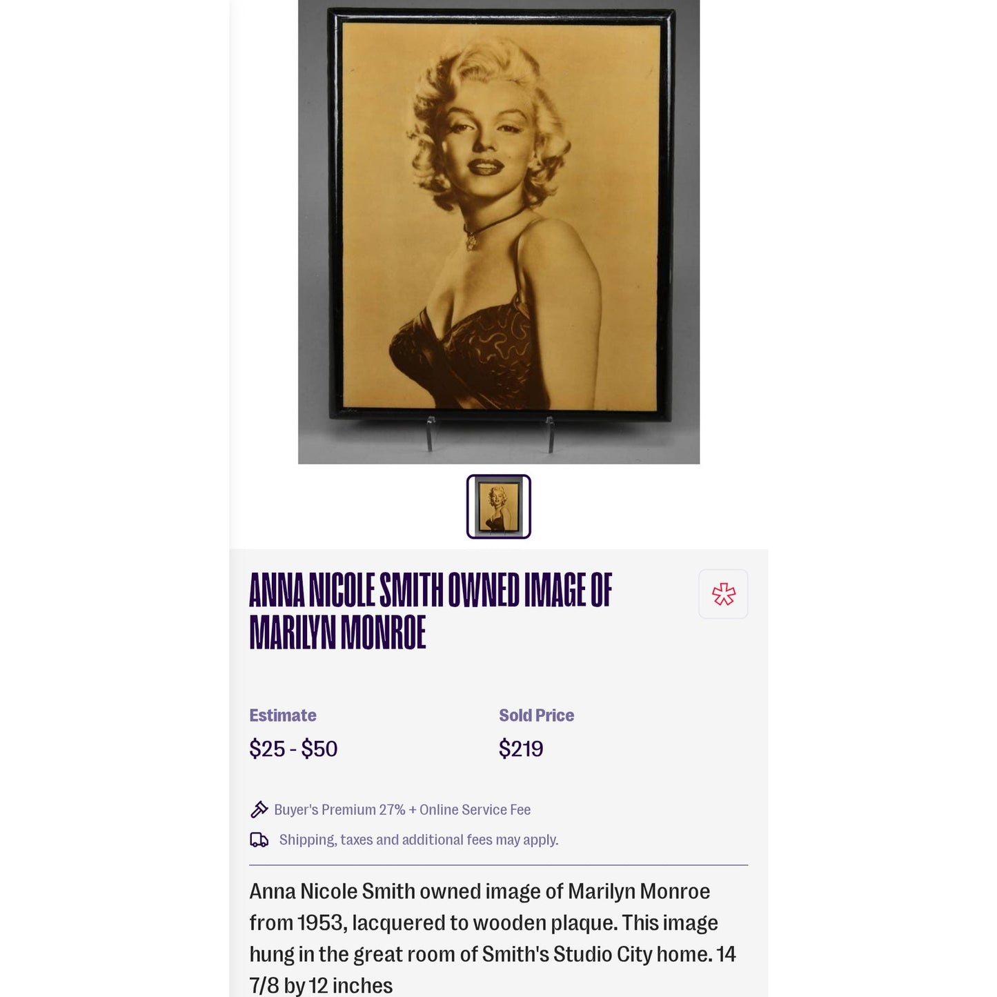 1970s Marilyn Monroe (1953 Image) Lacquered Wooden Plaque 14 7/8 Inch x 12 Inch