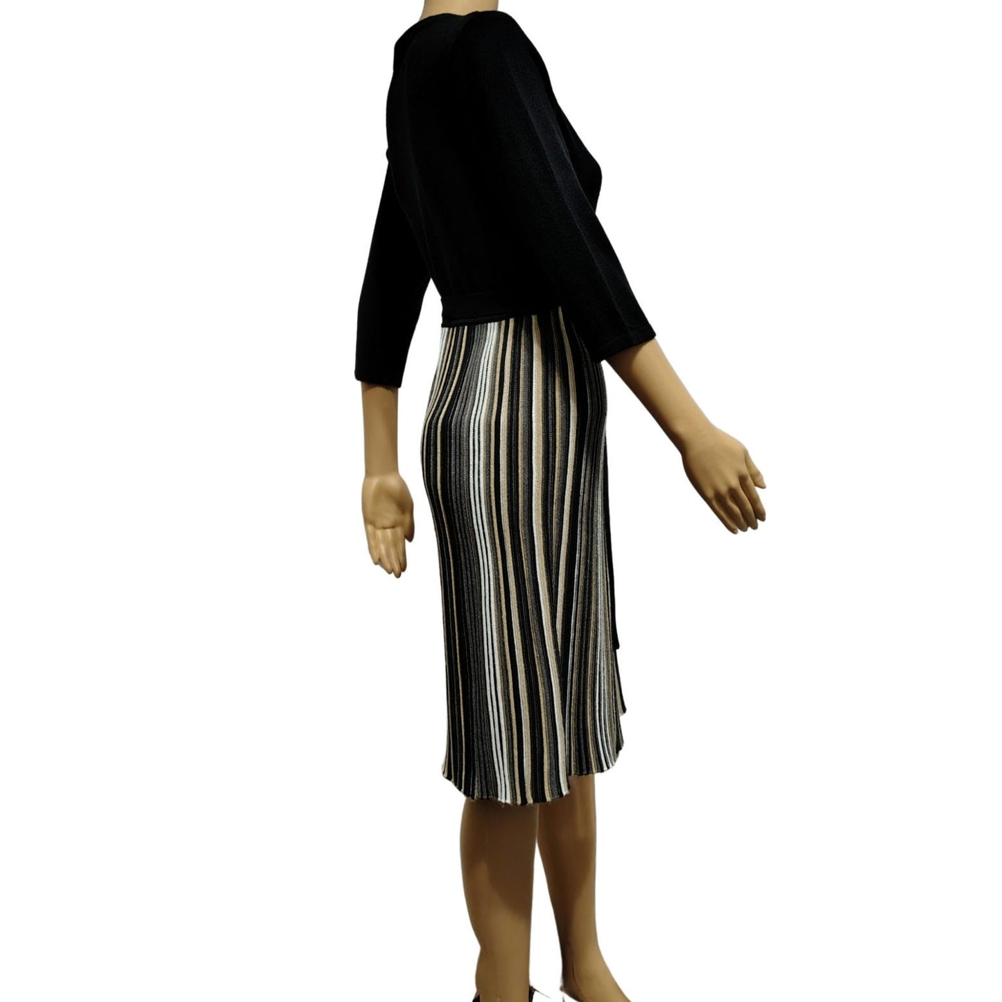Studio 1 Striped Belted Midi Knit Fit & Flare V Neck Sweater Dress Black Size M