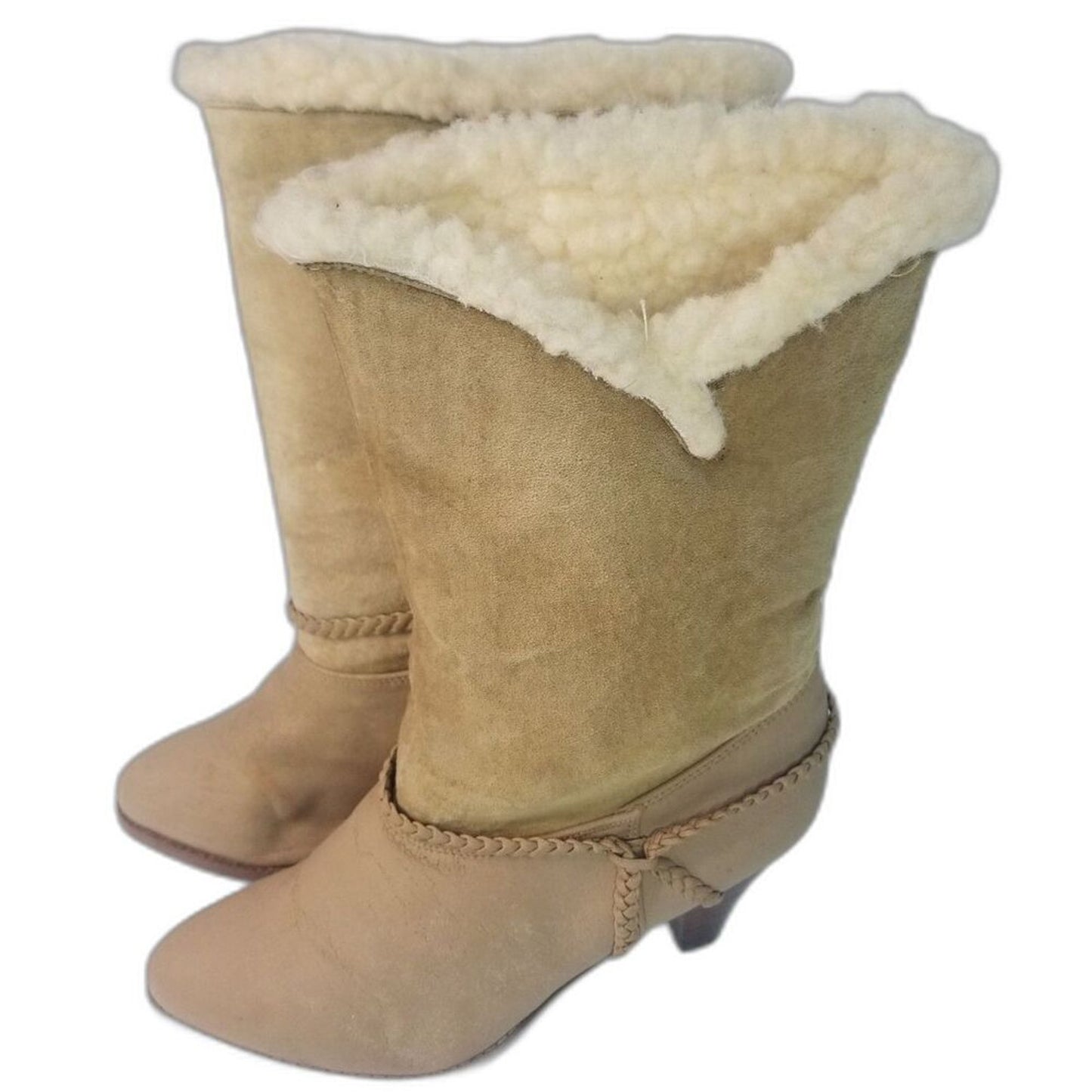 70s Vintage Kookie Sherpa Lined Beige Suede Vegan Faux Leather Boots Size 6.5