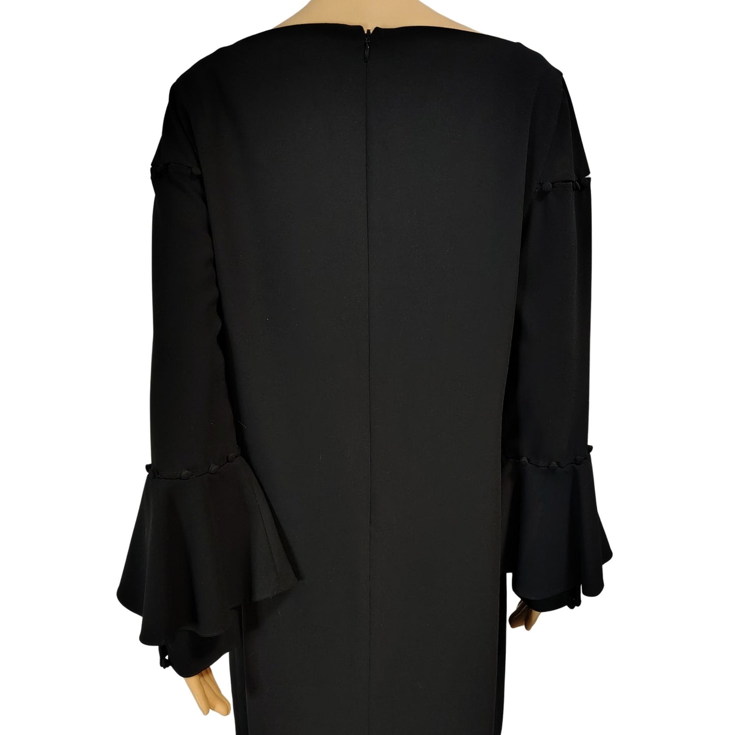 Laundry Shelli Segal Black Midi Dress Ruffled Flare Sleeves Pom Cut Out Size 12