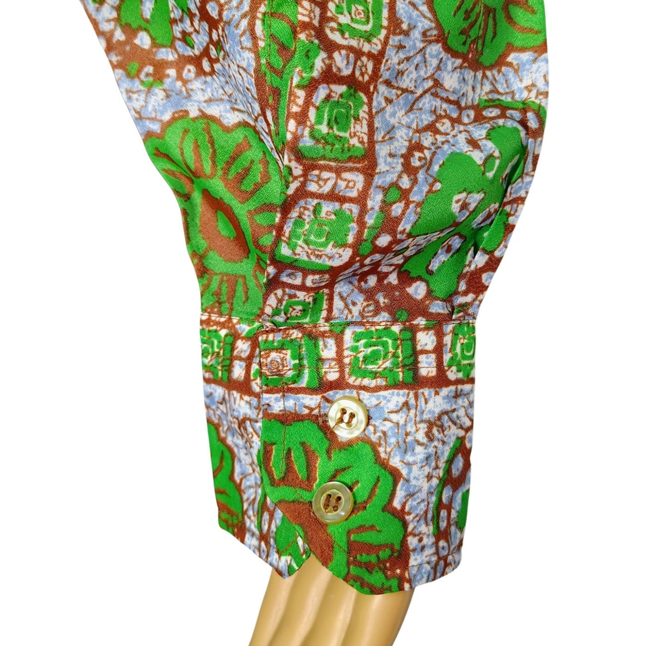 70s Green Polynesian Style Wing Tip Button Up Permanent Press Shirt Size Medium