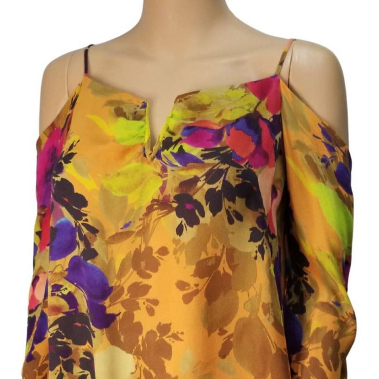Nicole Miller Atelier Silk Floral Cold Shoulder Deep V Neck Top Size Small