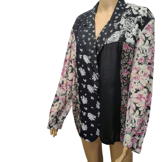 90s Patchwork Floral Striped Light Weight Box Cut Blazer Fold Down Collar Sz Sm